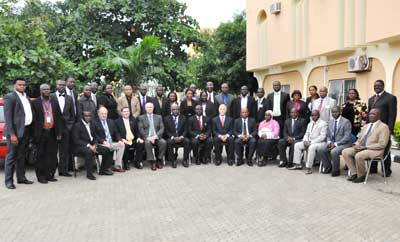 Justice Olubunmi Oyewale (6th Left, front row) flanked by the Commandant, EFCC Academy, Ayo Olowonihi (5th L) and Chris Marthers, Head of the Canadian trainers (7th) with other facilitators and participants in a photo session at the end of a training organized by Justice For All (J4A) a unit of the British Department For International Development (DFID) for Prosecutors and Investigators of Anti-Corruption Agencies in Nigeria held at the EFCC Academy, Karu, Abuja.